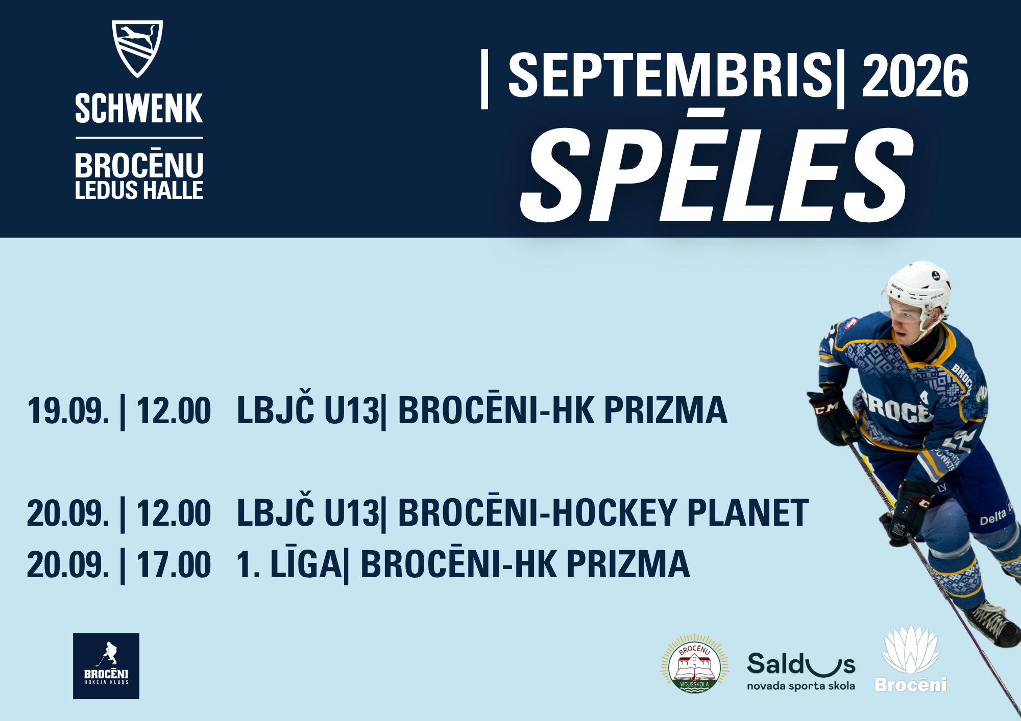Plakāts ar Brocēnu ledus halles 2026. gada septembra hokeja spēļu grafiku. Norādītas trīs spēles: 19. septembrī plkst. 12.00 LBJČ U13 „Brocēni–HK Prizma”; 20. septembrī plkst. 12.00 LBJČ U13 „Brocēni–Hockey Planet”; 20. septembrī plkst. 17.00 1. līgas spēle „Brocēni–HK Prizma”. Plakāta labajā pusē attēlots hokejists Brocēnu komandas formā, apakšā redzami Brocēnu hokeja kluba un atbalstītāju logotipi.